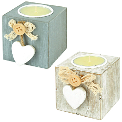 Свеча "шайба" в деревянном  кубе с декором "Сердечко" ассорти