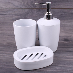 Аксессуары для ванной пластиковые 3шт в наборе (мыльница, стакан, дозатор д/ж.мыла) цвет ассорти