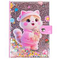 Блокнот 10,5*14,8 см 80л с блестками "Котик с игрушкой" на кнопке