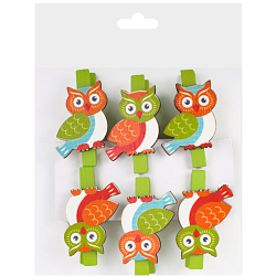 Прищепки "Совята" декоративные деревянные  6 шт в наборе, ассорти