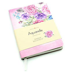 Книга для записей А6+ 80л Aquarelle. Цветы на розовом обл. иск. кожа, цвет. срез