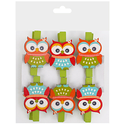 Прищепки "Совята" декоративные деревянные  6 шт в наборе, ассорти