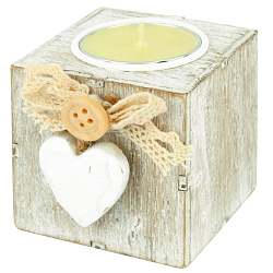 Свеча "шайба" в деревянном  кубе с декором "Сердечко" ассорти