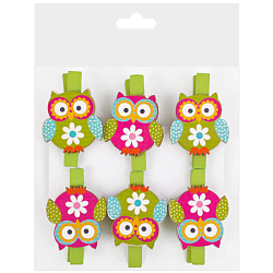 Прищепки "Совята" декоративные деревянные  6 шт в наборе, ассорти