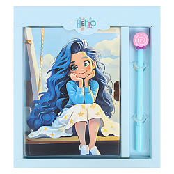 Блокнот 13,5*18 см 50л с замком "Девочка с синими волосами" с ручкой