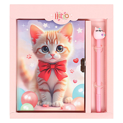 Блокнот 13,5*18 см 50л с замком "Котик с бантиком" с ручкой